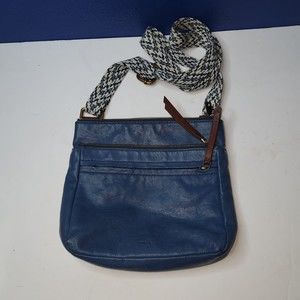 Fossil Cross Body Tote Goat Hide Leather Side Zip Blue Bag Purse